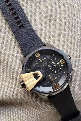 New Fashion Hot Sale DZ7377 7377 Mens Watch Fashion 55mm Big Dial Real Leather Strap Klockor Quartz Chronograph Mens Watch + Original Box