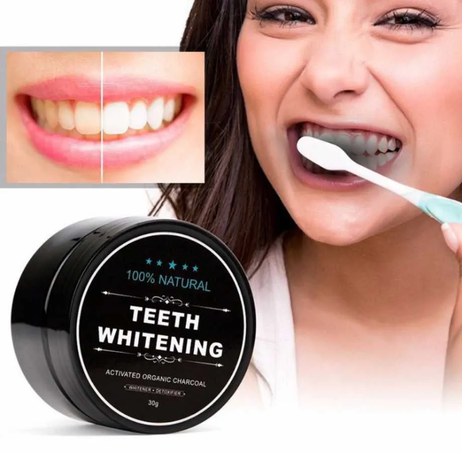 2018 dientes polvo de bambú dentífrico Oral Care Higiene limpieza activado shell diente orgánica carbón de coco naturales 30g mancha amarilla