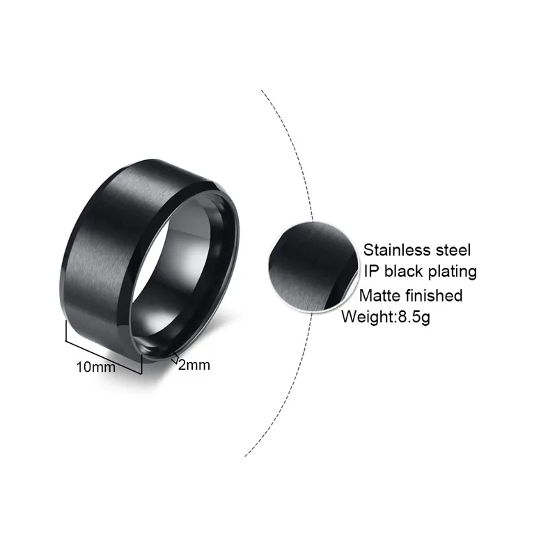 Custom Engraving 10mm Beveled Edges Black Matt Finish Wedding Band Rings in Stainless Steel15310465331004