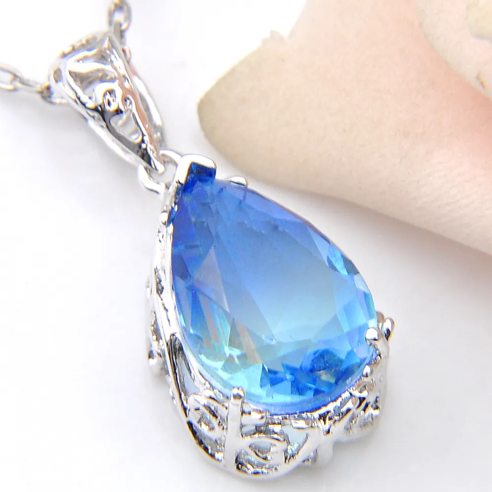 Luckyshien Newest 925 Стерлинговое серебро Ожерелье Waterdrop Tourmaline Ocean Blue Подвеска Женские Подарочные Подвески Ювелирные Изделия Объединения Свадьба