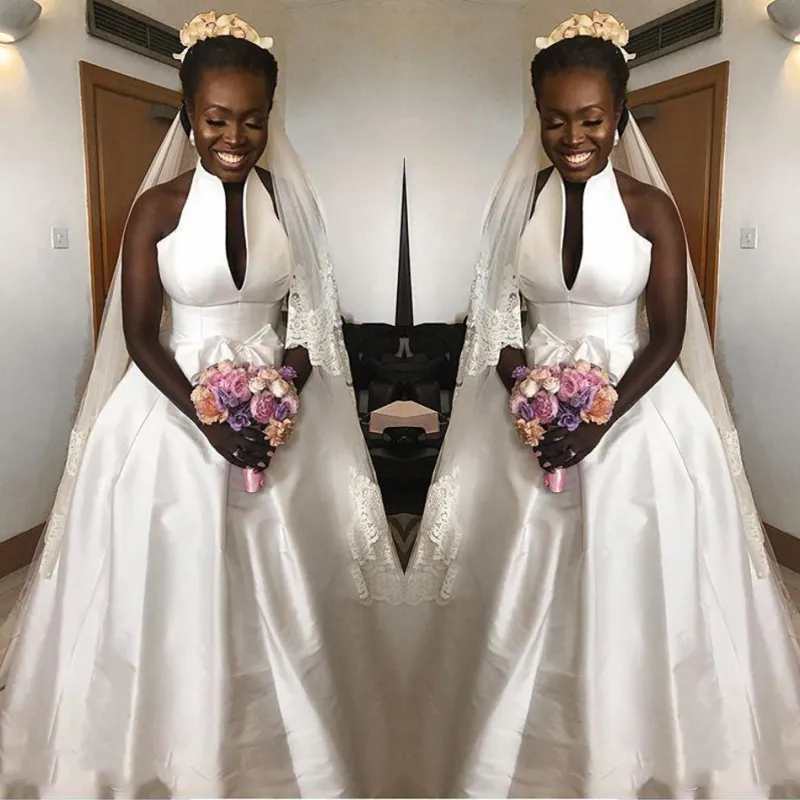 Proste Satin Sukienki ślubne 2018-2019 Wiosna Letnia Halter A Linia Suknie Ślubne South African Długość Piętro Wedding Vestidos Custom Made