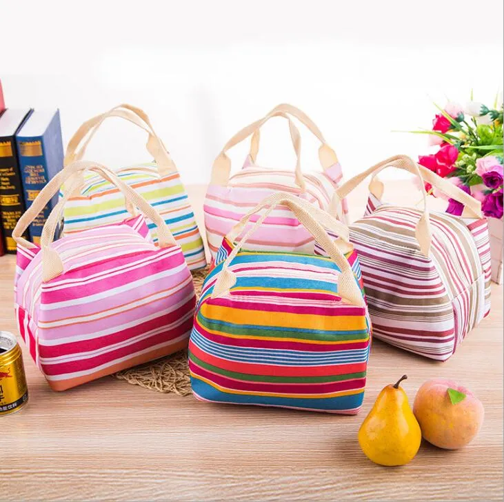 Stripe Lunch Totes Bag Thermal Insulated Portable Cool Canvas