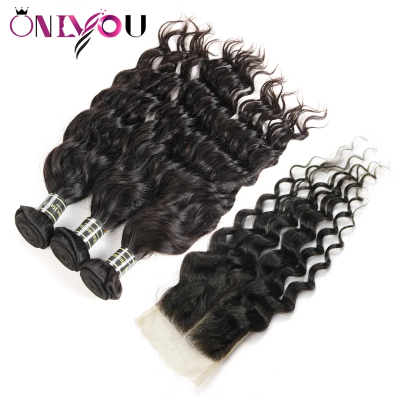 Brazilian Virgin Hair Bundles with Closure Body Wave Deep Wave Kinky Curly Wet and Wavy Hair Weaves Closure 3Bundles Human Hair Lace Closure