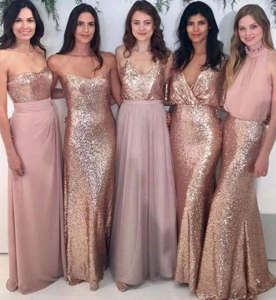 2018 neue Meerjungfrau gemischte Reihenfolge Rose God Pailletten Brautjungfernkleider Schatz V-Ausschnitt plissiert Chiffon Trauzeugin Kleider bodenlang