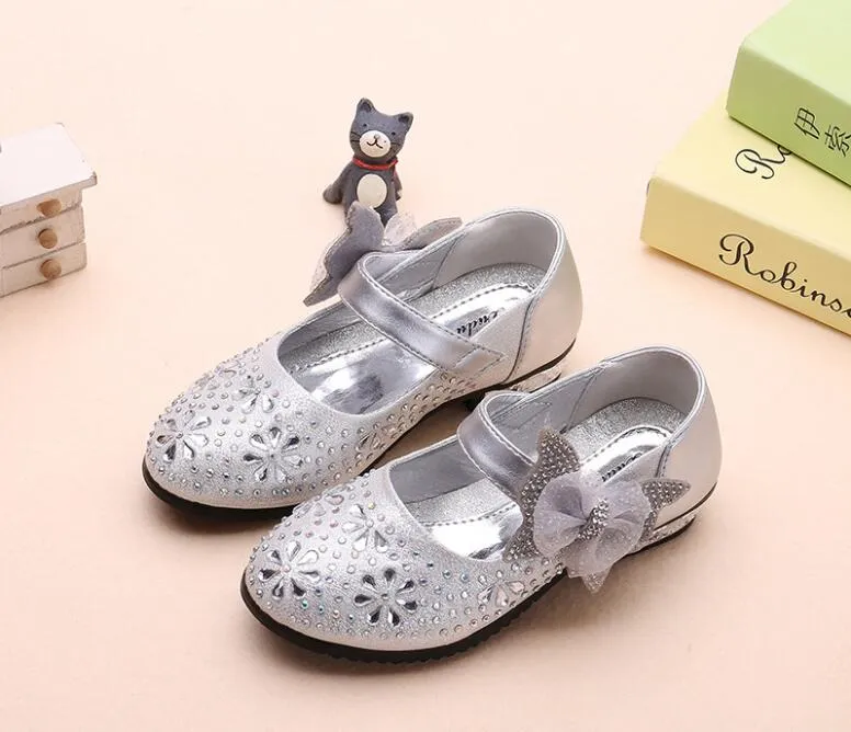 Fashion Sparkling Children Girls Wedding Shoes 2018 Girls Princess Shoes Korean Bow hot Small High-heeled Shoes GA199