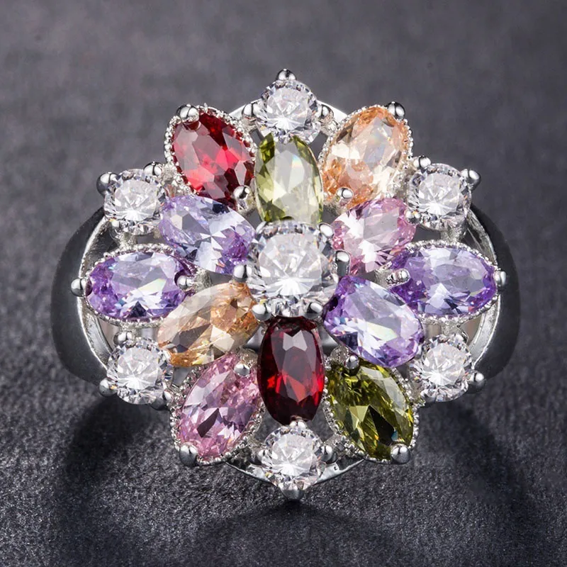 Diamant Cubic Zironia Ring Blomma Rose Ädelsten Kluster Ringar Bröllop Ringar För Kvinnor Mode Smycken Gift Will och Sandy Drop Shipping