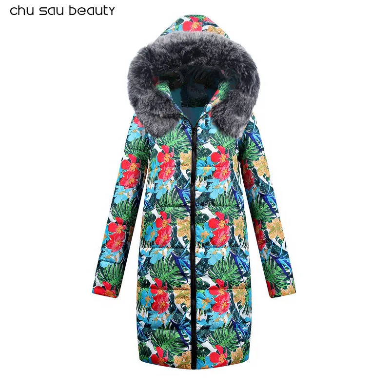 Winter Coats Women Jackets Floral Print Fur Collar Thick Cotton Padded Lining Ladies Down Jacket Parkas Plus Size S 2XL CY1618