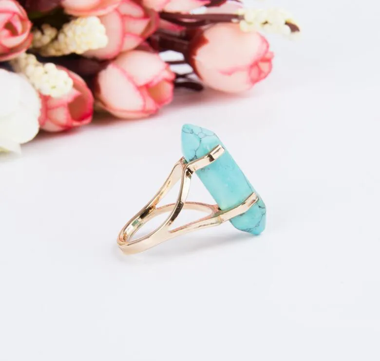Bullet Shape Hexagonal Prism Rings Natural Stone Crystal Quartz Healing Point Chakra Stone Charm Gold Plated Ring For women