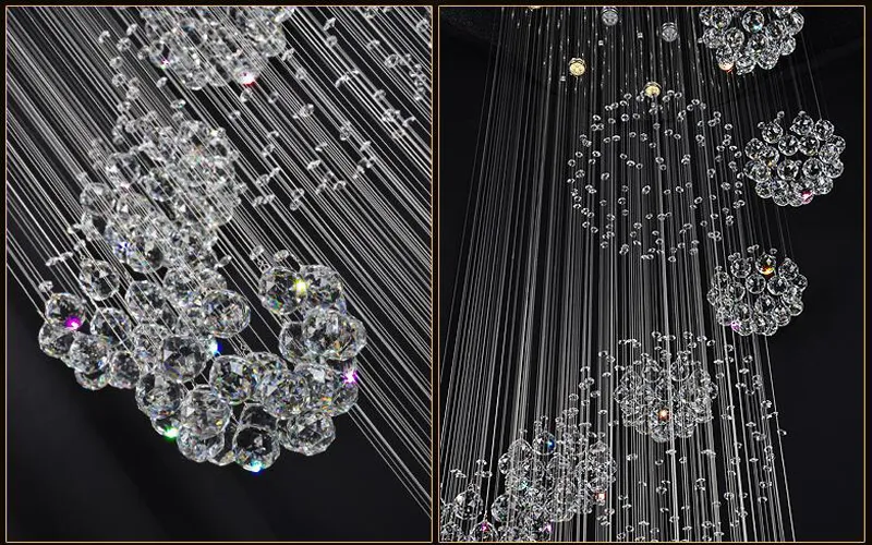 Lampadario moderno Goccia di pioggia Grande lampada di cristallo con 11 plafoniera a sfera di cristallo 13 Luci scale GU10 a filo soffitto