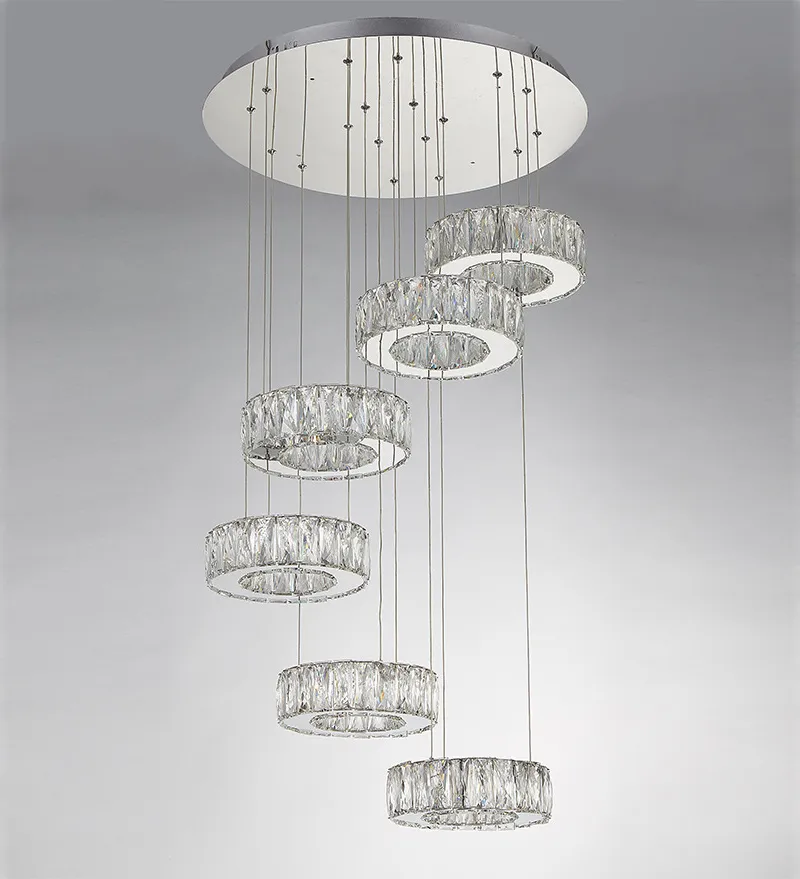 Lampe à suspension contemporaine en cristal à LED Helix anneaux éclairage de lustre avec 6 cristaux circulaires pour les escaliers du salon