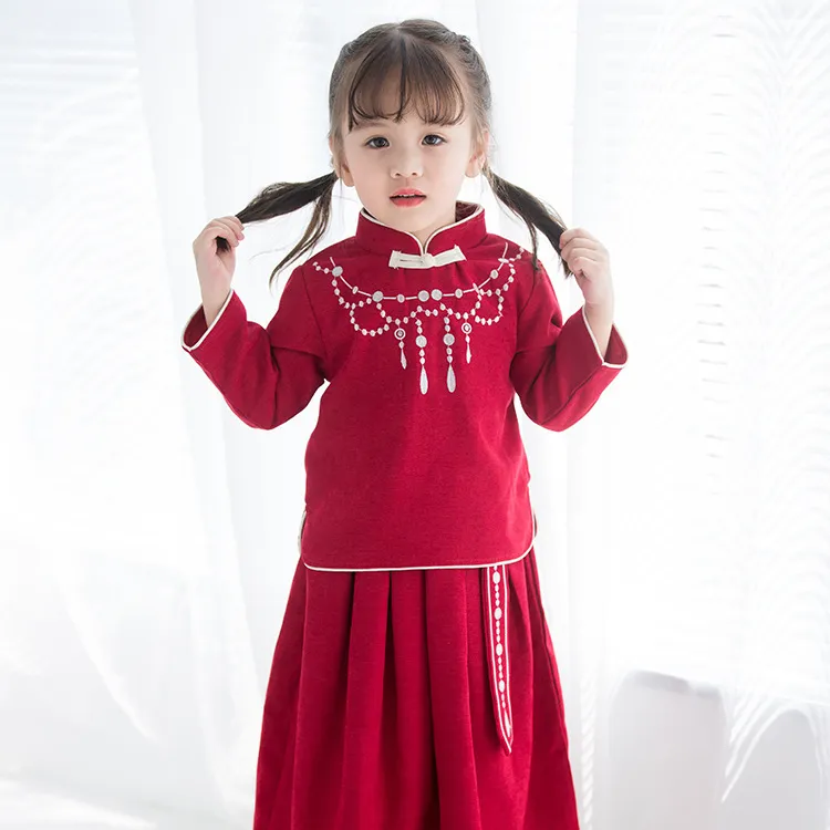 中国風の赤ちゃん女の子の服をセットレトロな学生たちは中国の新年のスーツの衣装赤ちゃん女の子甘いチャイナ山+プリーツのスカート2pcs