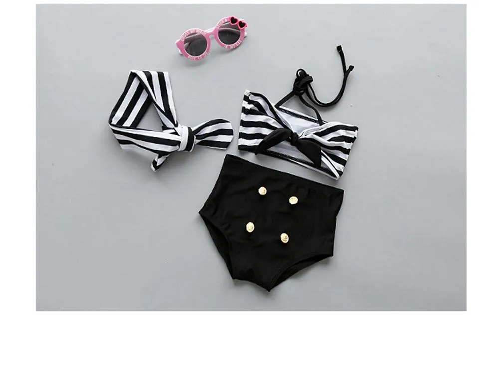 Kids Swimsuit Baby Striped Halter Swimwear Two-pieces Tankini Bikinis Sets Girls Quick-dry Fashion Swimsuit Girls Summer Swim Clothes LD16