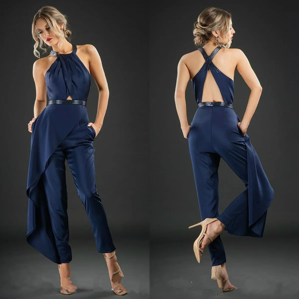 Designer Navy Blue Jumpsuit Evening Dresses Prom Gowns Cross Strap Sash Satin Pant Suits Ankle Length Casual Clothes