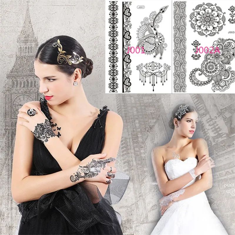 Sexy Black Lace Temporary Tattoos Waterproof Tattoo Supplies Necklace Bracelet Flower Hand Jewelry Tattoo Sticker Paster