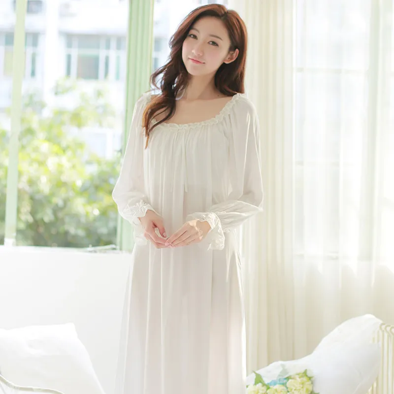 Vintage White Princess Nightgown Female Slash Neck Royal Long Nightdress Ruffles Full Sleeve Women Cotton Sleepwear p15004