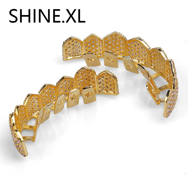 New Fashion Custom Gold Denti Grillz Hip Hop Iced Out Tutti i zirconi cubici Top Bottom Denti Caps Set Bling Body Jewelry6836789