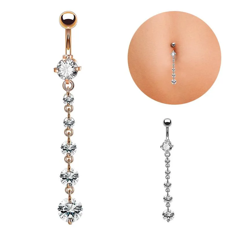 Moda Ze Stali Nierdzewnej Cyrkon Długie Dangle Okrągły Rhinestone Pępek Pierścień Brzuch Pierścień Bar Barbell Pierścionki Piercing Reger Biżuteria