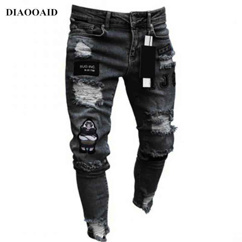 Nouveau streetwear hiphop hommes jeans skinny mode broderie personnalité classique détruit swag pantalon mâle denim pantalon