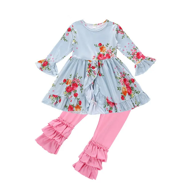 2018 nyaste tjejer kläder set våren höst mode blommig tryckt blå klänning + rosa byxor 2pcs barn baby flicka kläder outfits set