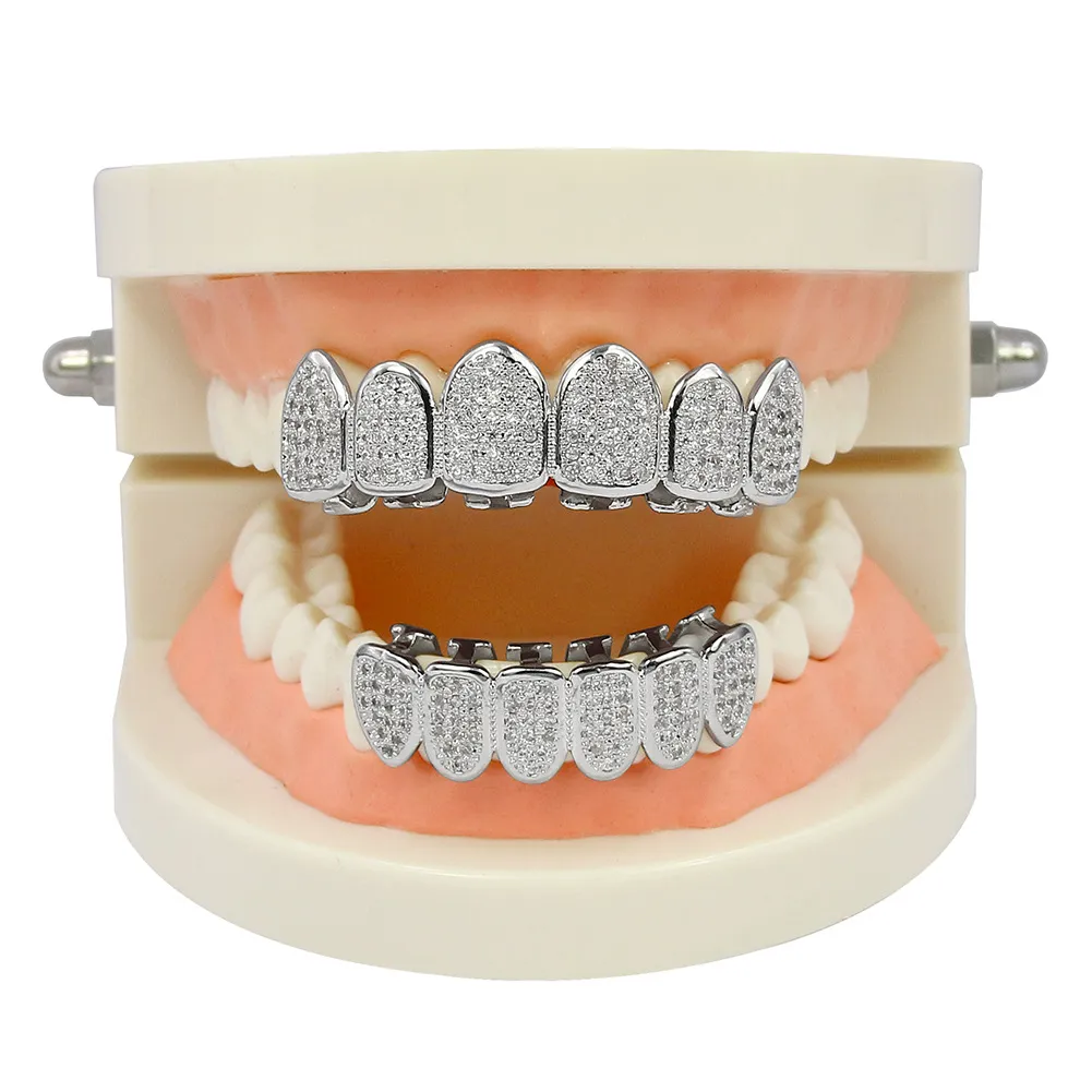 Hip Hop Clássico Dentes Grills Golde Cor Banhado CZ Micro Pave Exclusivo Top Bottom Gold Grillz Set266q