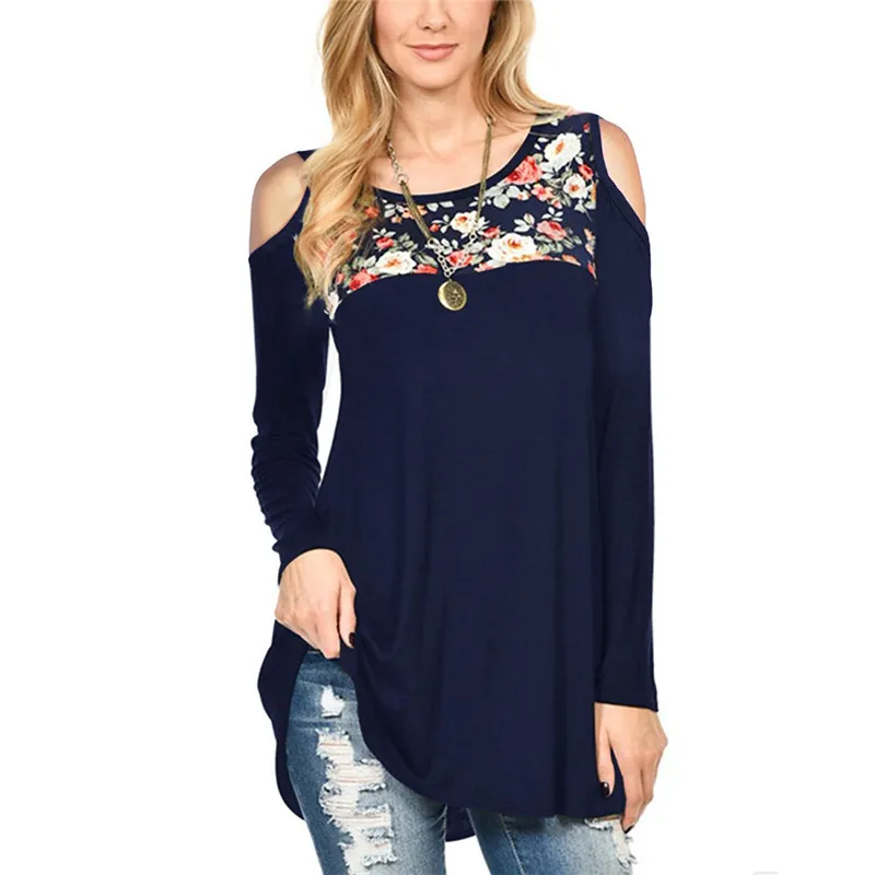 Femmes Chemises Floral Imprimé Tops Hors Épaule À Manches Longues T-shirts Casual Patchwork Lâche Blouse De Mode Ras Du Cou Sexy T Chemises YFA131