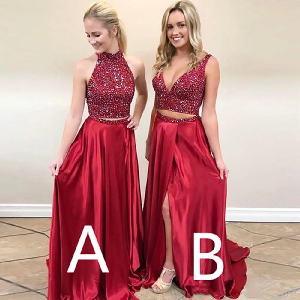 Shinning Two Pieces Prom Dress High Neck Crystal Beading Dark Red Hollow Back Side Split aftonklänningar Lång formell cocktailfestklänning