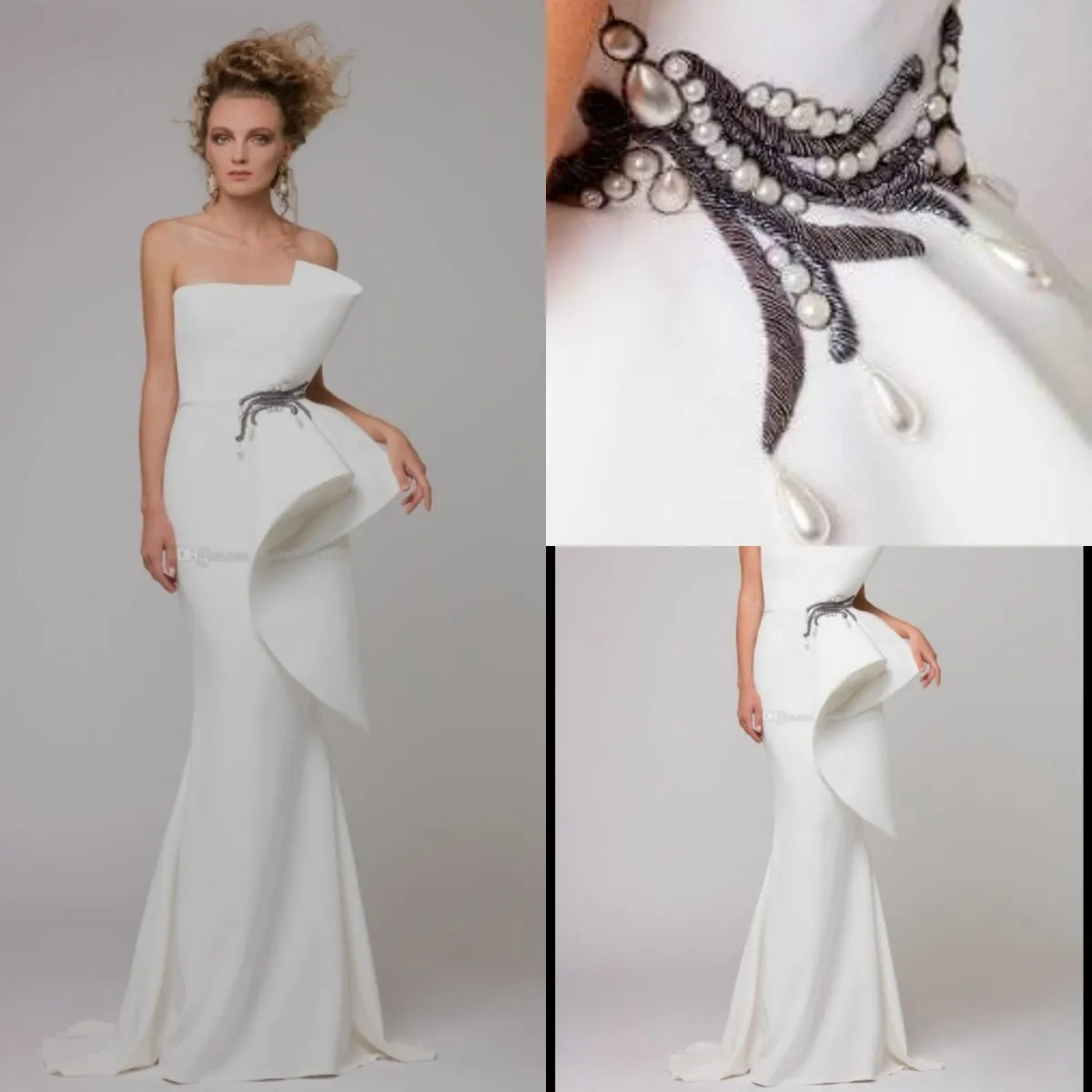 Mermaid Unique White Evening Dresses Strapless Pearls Cheap South African Satin Plus Size Prom Gowns Formal Party Dress