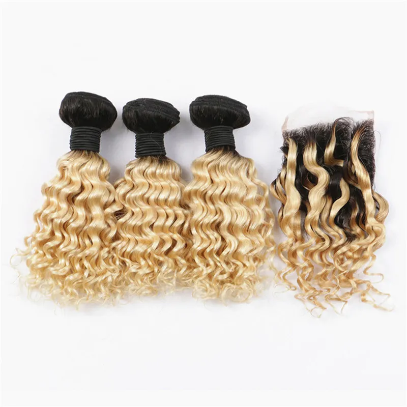 Deep Curly Wave # 1B / 613 Blonde Ombre Virgin Hair Bundle Deals avec Closure Bleach Blonde Ombre Brésilien Cheveux Humains Tisse Extensions