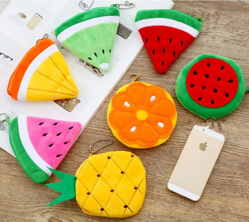 Soft Plush Watermelon Orange Fruit Women Coin Purse Mini Cute Oval Zipper Children Girl Coin Wallet USB Cable Headset Bag