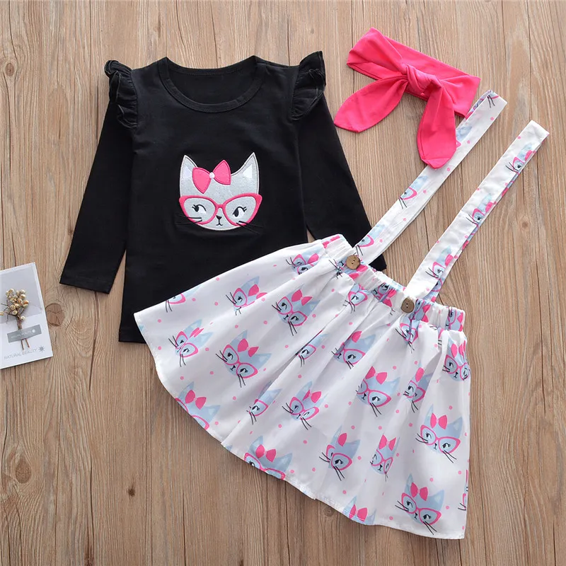 Halloween pasgeboren baby kleding baby peuter kinderen meisjes kleding set schattige kat patch T-shirt + kat Volledige gedrukte bretels rok + hoofdband 3pcs