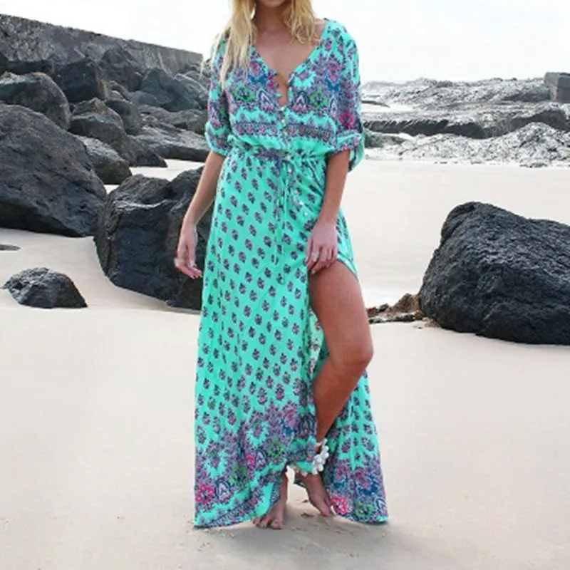 Nouveau 2018 femmes Boho plage robe été longue robe imprimé fleuri Maxi grande taille soirée robes Mujer DR079