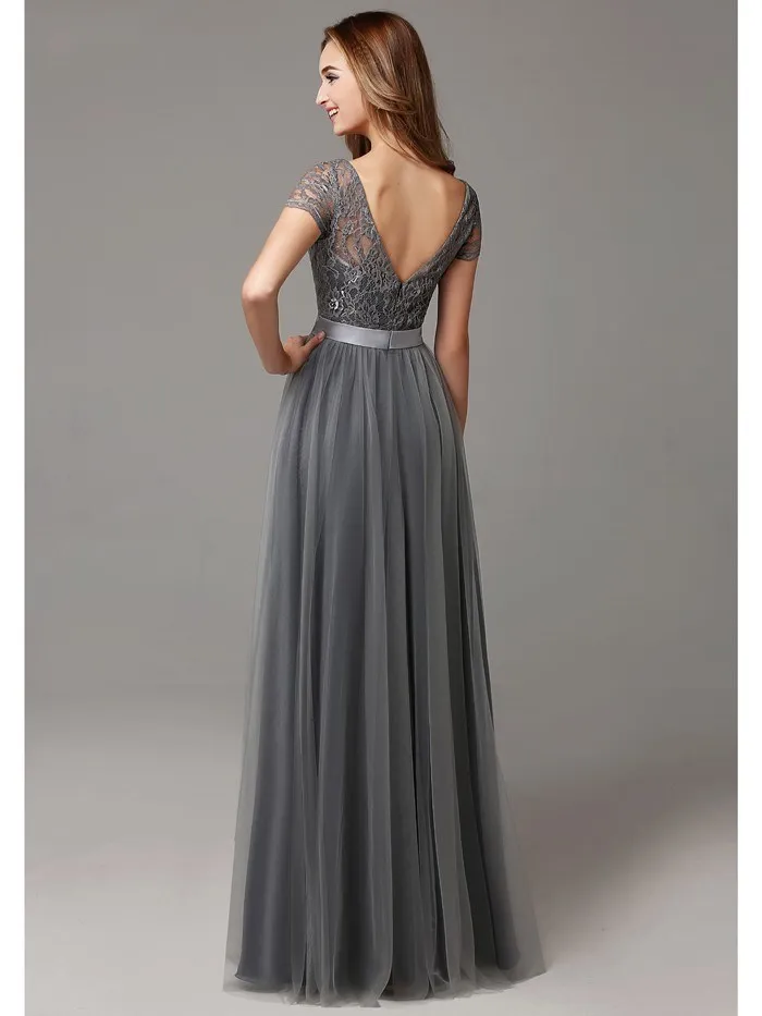 Grey Long Modest Bridesmaid Dresses With Cap Sleeves Lace Tulle Short Sleeves Sheer Neckline Formal Wedding Party Dress Real
