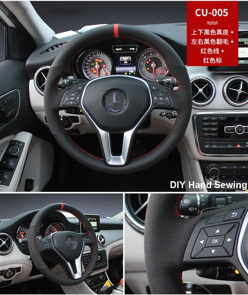 For Benz GLA200 DIY Hand Sewing Steering Wheel Cover Black leather Red thread238s