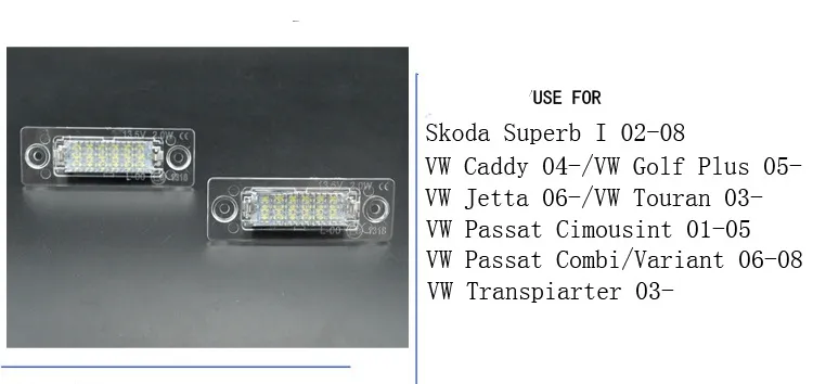2 unids/lote de luz de matrícula de 18LED sin Error para Skoda Transporter Passat Golf Touran blanco 6000k unidad de decodificación lámpara trasera