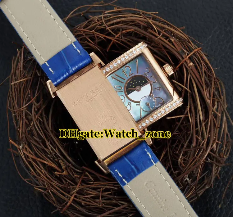 Dziewczyna Prezent Reverso Swiss Quartz Conch Blue Dial Watch Kobiet Watch Rose Gold Case Diament Bezel Skórzany Pasek Moda Lady Zegarki