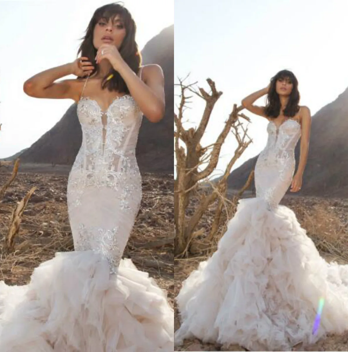 Pnina Tornai robes de mariée sirène Spaghetti dos nu dentelle robes de mariée avec perles balayage Train grande taille robe de mariée de plage