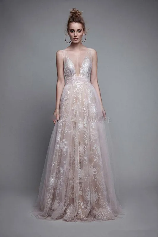 Lace Applique A-Line Deep V Prom Dress with Deep V-Neck, Backless Design, Tulle Fabric, Sleeveless and Ruched Detailing, Floor-Length for Celebrity