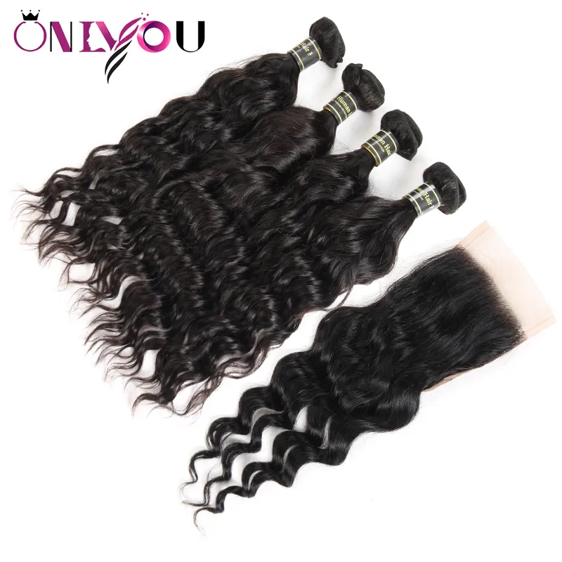 Produits les plus populaires Vison brésilien vierge cheveux tissage 4 paquets vague d'eau cheveux humains avec fermeture 13x4 dentelle frontale paquets oreille à oreille 9103217