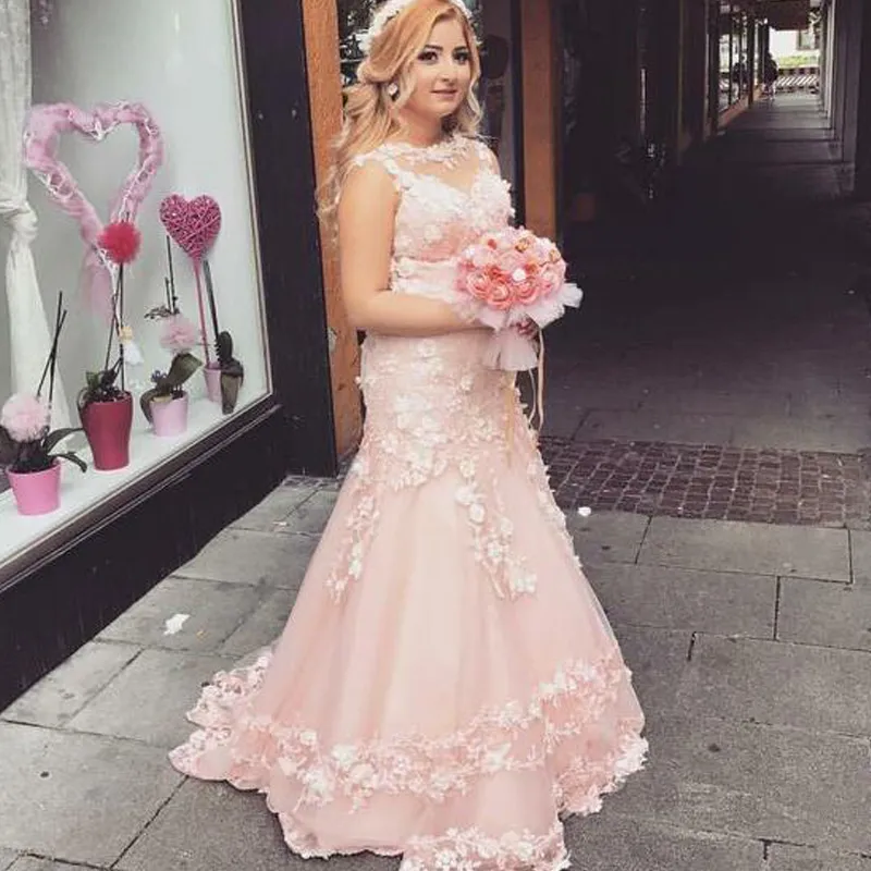 2024 Plus Size Prom Dresses Mermaid Evening Gowns Pink Tulle Sheer Neck Sleeveless 3D Flowers Lace Appliques Tulle Lace Party Gowns