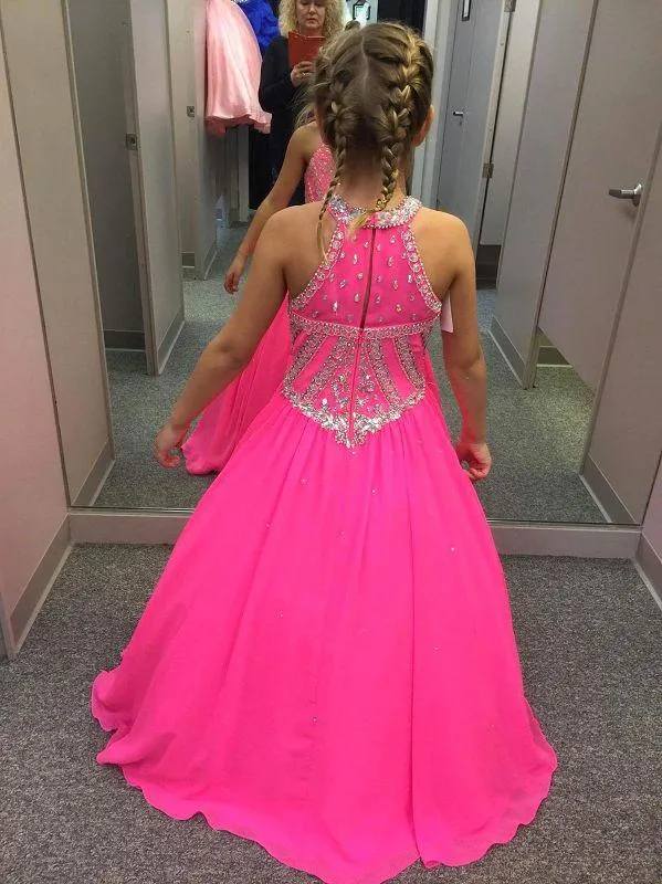 Sparkly 2018 Hot Pink Crianças Prom Vestidos Frisado Lantejoula Cristal Tripulação Vestido De Meninas Pageant Vestidos Vestidos Custom Made Da China EN2065