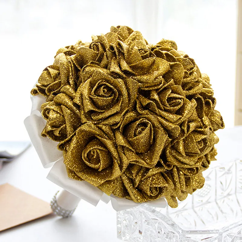 Gold Wedding Bridal Bouquets with Handmade Flowers Sequins Red Rose Wedding Supplies Bride Holding Brooch Bouquet CPA1586