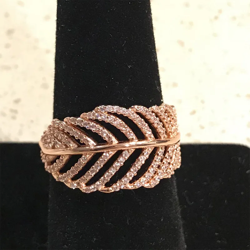 925 Sterling Silver Feather Rings with Clear CZ Diamond fit Pandora style Jewelry for Women 18K Rose Gold Crystal Wedding Ring