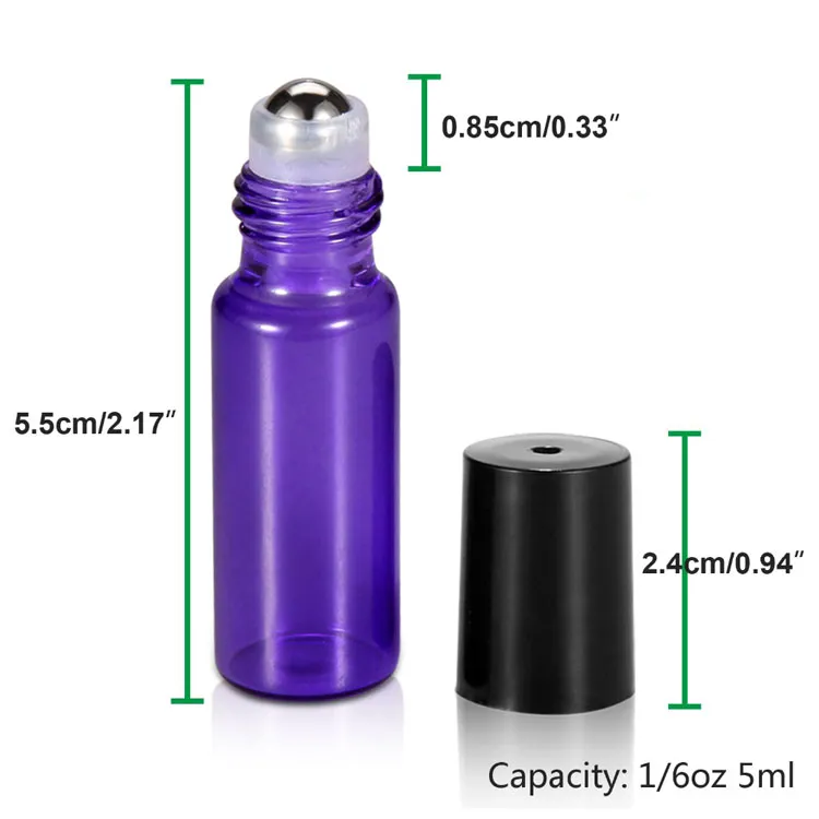 Portable / parti 5ml 1/6 oz Mini Roll på flaskor Fragrance Perfume Glasflaskor Essential Oil Steel Metal Roller Ball Blå