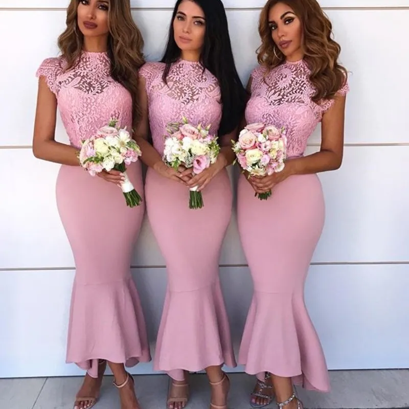 Moda Alta Neck Bridesmaids Vestidos Ver Através de Renda Sem Mangas No Tornozelo Comprimento Sereia Convidado Do Casamento Vestido de Festa Sexy Vestido de Baile Prom Barato