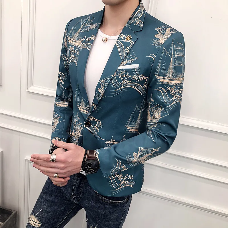 2018 Baroque Blazers Mens Printed Blazer Masculino Slim Fit Blue and Gold Blazer Homme Summer Club Outfits Stage Costumes Casual