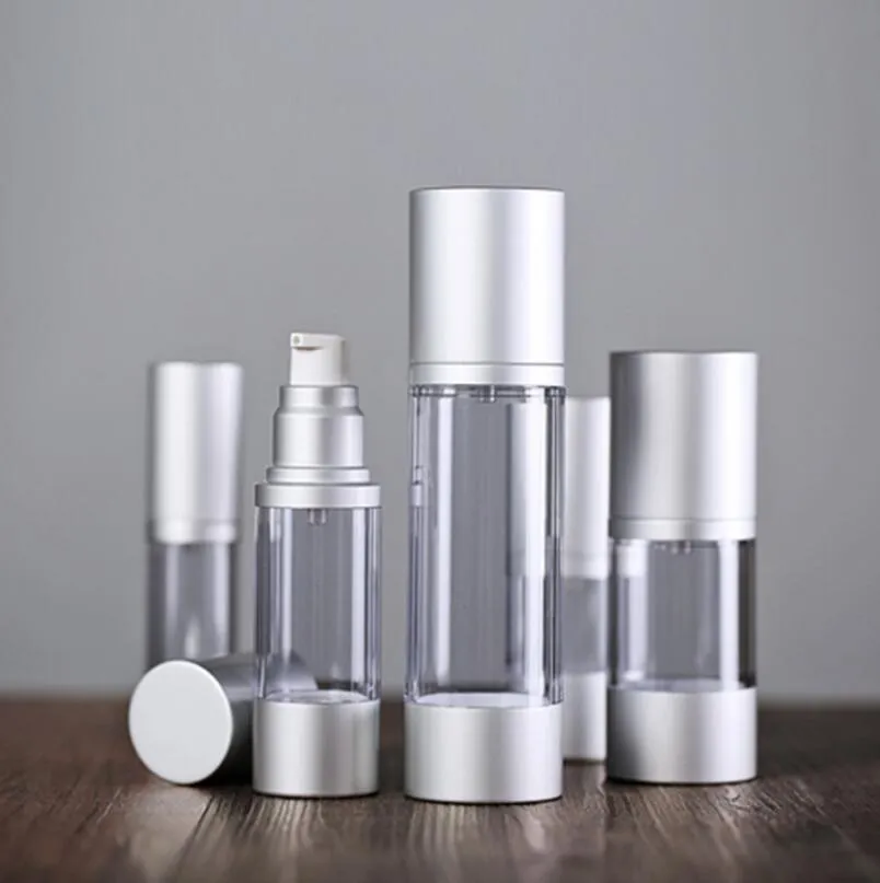 30ML Refillable Airless Lotion Pump Bottle With Silver Pump, Aluminum Over Cap vacuum cosmetic containers LX2267