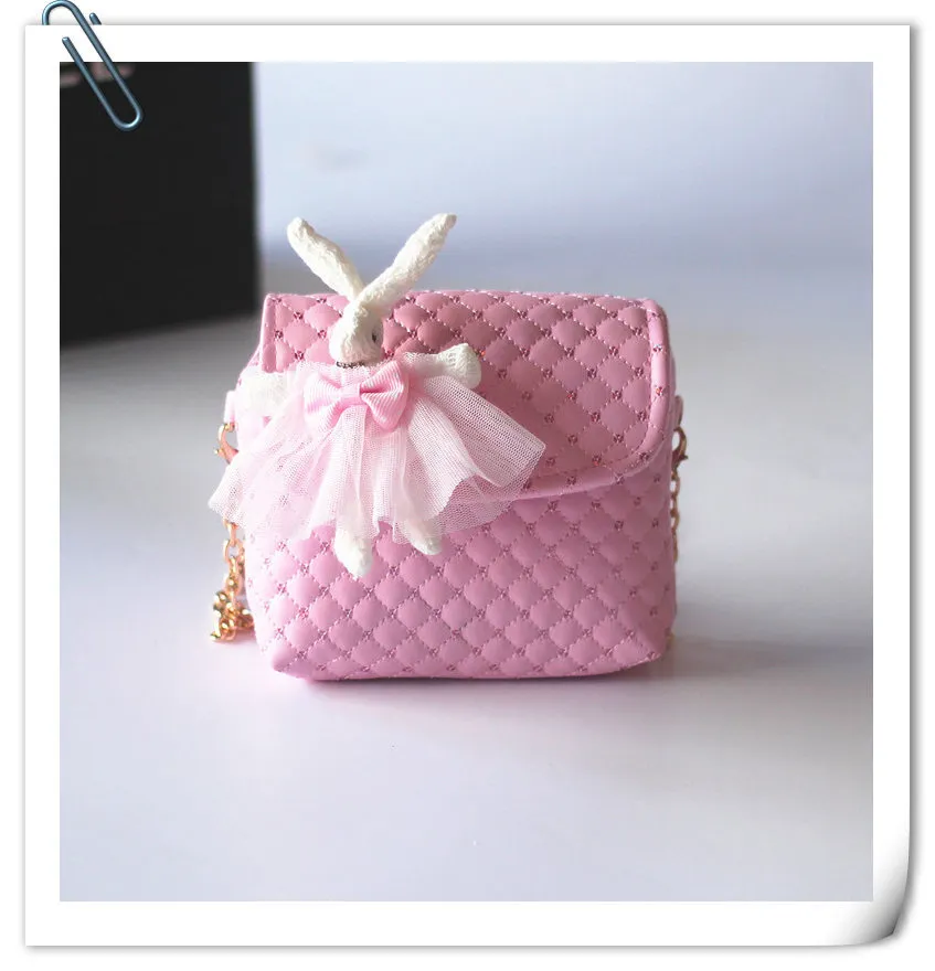 Sacs à main pour enfants Bébés filles Pu Sacs à carreaux en cuir Princesse Dentelle Lapin Hangbag Mode Enfants coréens Mini Bonbons Chaîne Sac à bandoulière 4 couleurs