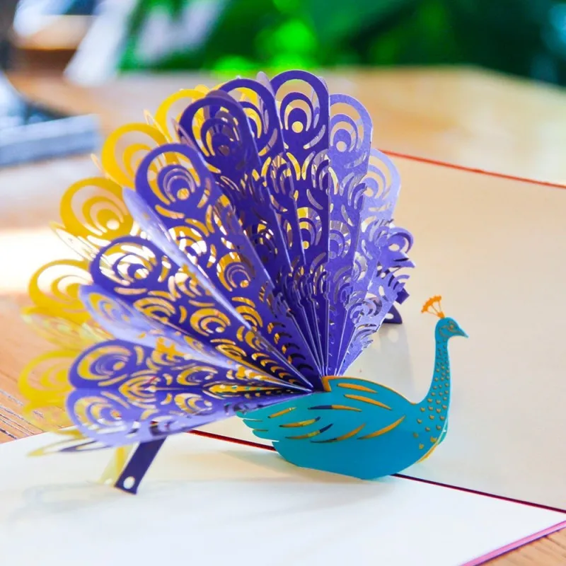 3D Peacock pop-up Carte de vœux Laser Couture enveloppes rétro enveloppes Postcard creuse sculptée à la main