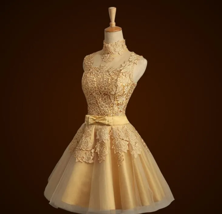 Charming Homecoming Dresses Gold Lace High Neck Sleeveless With Bow Waist Short Prom Gown Cocktail Party Dresses7313556