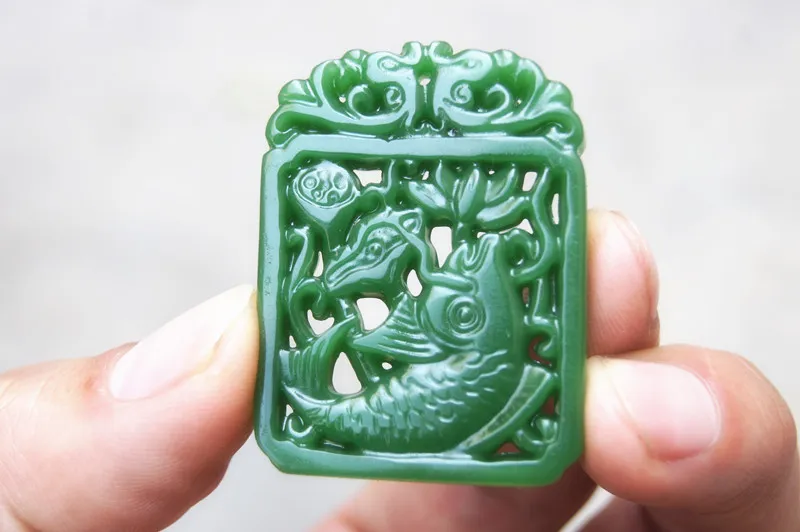 Beautiful outer Mongolia jade hand-carved lotus pond - the fish more than a year a rectangular amulet necklace pendant.